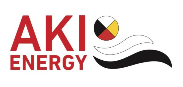 Aki Energy. Circle and two abstract feathers below the circle.