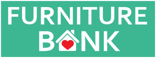 Logo Furniture Bank Green background with white writing. Instead of the A in Bank there is a graphic of a house with a red heart shape in the centre of the house.