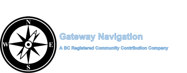 Logo with bold text: 'Gateway Navigation CCC Ltd.' Below, smaller text: 'A BC Registered Community Contribution Company.' Large compass rose to the left