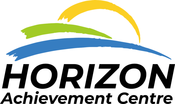 Logo Abstract image of a sun on the horizon overlooking a smaller green brushstroke and a longer blue brushstroke. Below this graphic is written Horizon Achievement Centre