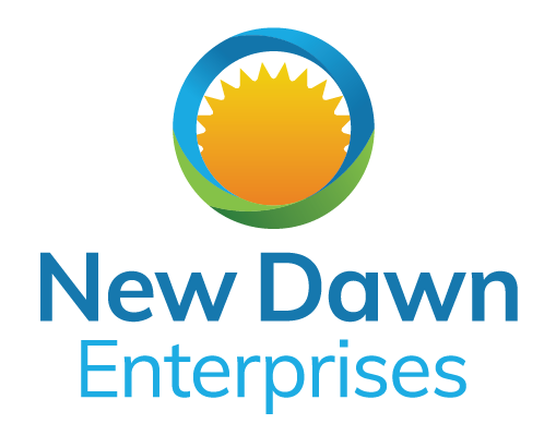 New Dawn Enterprises. Sun rising inside a blue and green outer circle