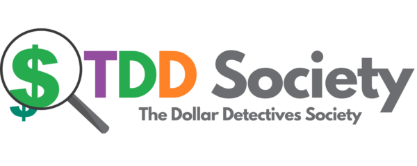 Logo Dollar symbol behind a magnifying glass. TDD Society. Below text The Dollar Detectives Society