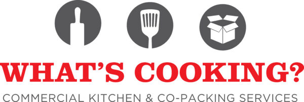 Logo image of a spatula, knife and box. Below this written in red is What's Cooking? Below that written commercial kitchen & co-packing services